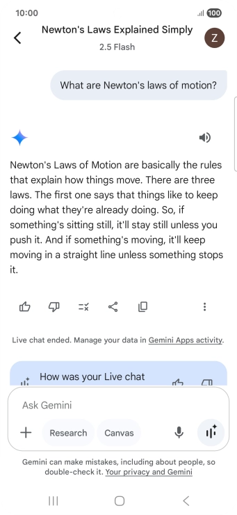 Transcription of the conversation with Gemini Live is now displayed.