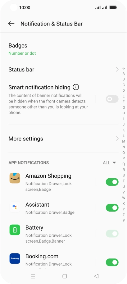 Press the indicator next to the required apps to turn the function on or off.