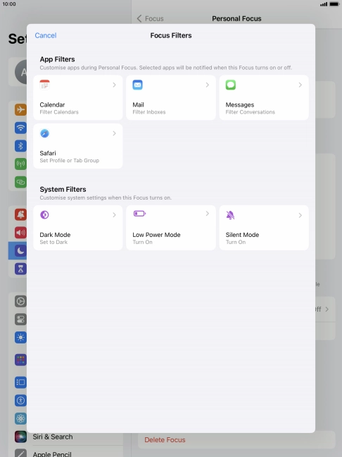 To see specific calendars in the selected focus mode, press Calendar and follow the instructions on the screen to select the required calendars.