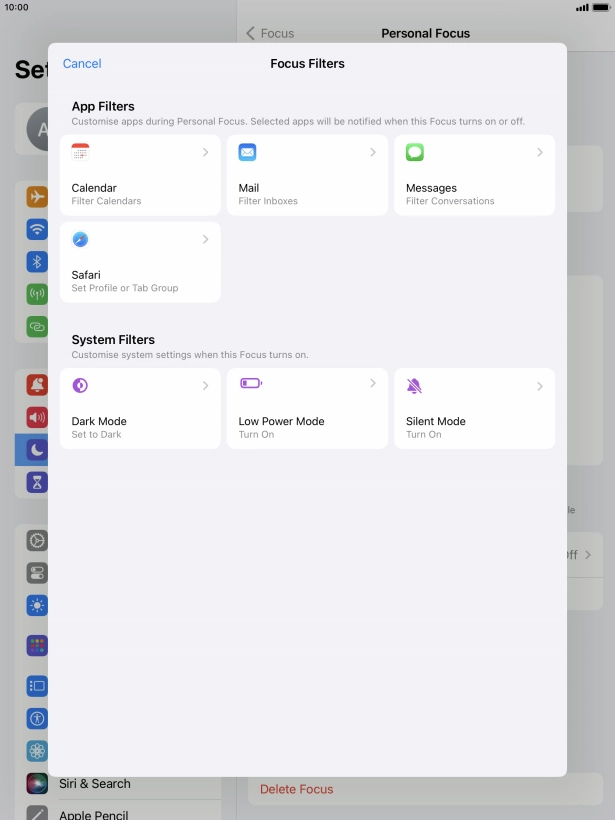 To see specific calendars in the selected focus mode, press Calendar and follow the instructions on the screen to select the required calendars.