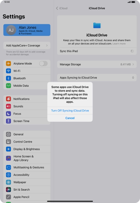 If you turn off the function, press Turn Off Syncing iCloud Drive.