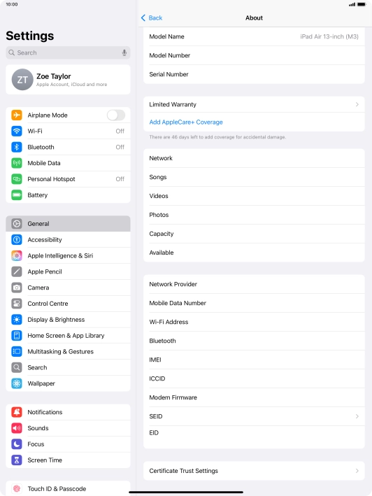 Your tablet's software version is displayed next to iPadOS Version.