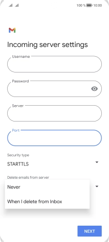 Press Never to keep email messages on the server when you delete them on your phone.