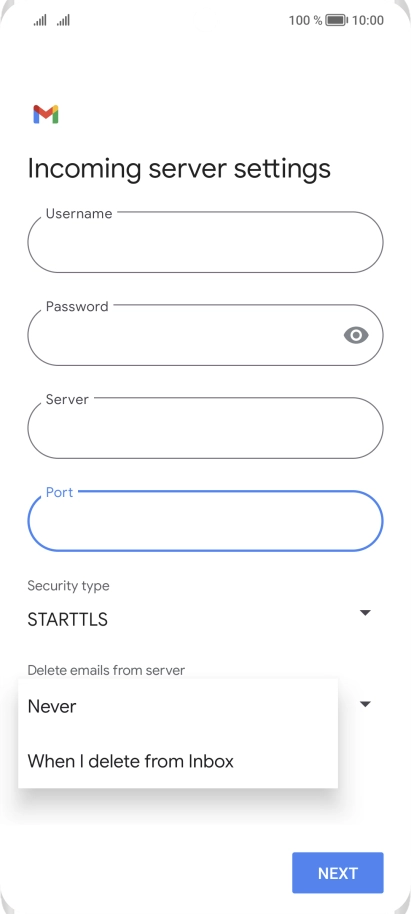 Press Never to keep email messages on the server when you delete them on your phone.