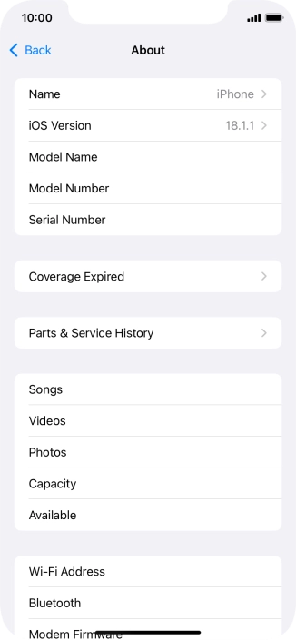 Your phone's software version is displayed next to iOS Version.