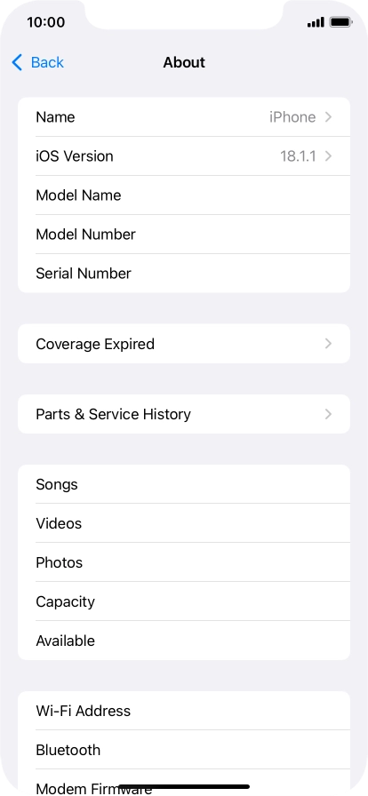 Your phone's software version is displayed next to iOS Version.