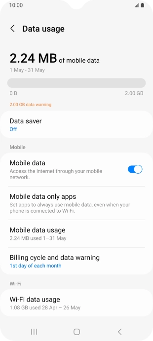 The total data usage is displayed. The total data usage is displayed.