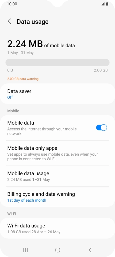 The total data usage is displayed. The total data usage is displayed.
