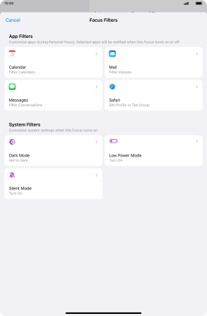 To see specific calendars in the selected focus mode, press Calendar and follow the instructions on the screen to select the required calendars.