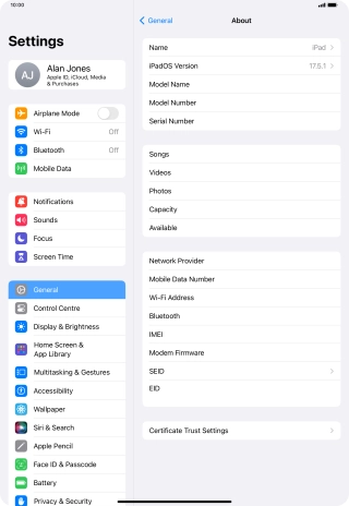 Your tablet's software version is displayed next to iPadOS Version.