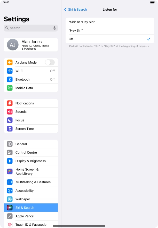 Press the required setting to turn the function on or off. If you turn on the function, you need to follow the instructions on the screen to set up Siri to recognise your voice.