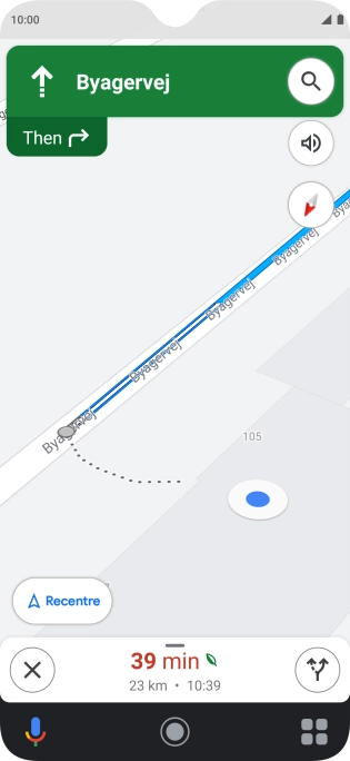 The travel information at the bottom of the screen shows your estimated time of arrival and distance to destination.
