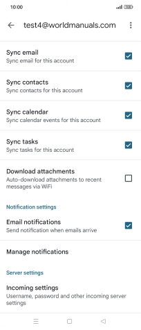 Press the fields next to the required data types to turn synchronisation on or off.