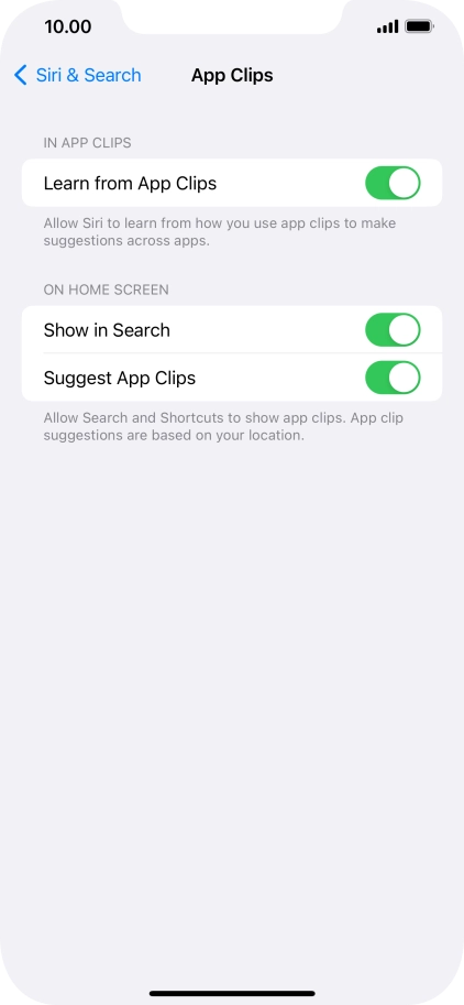 Press the indicators next to the required settings to turn them on or off.