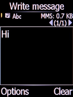 Write the text and press the Left selection key.