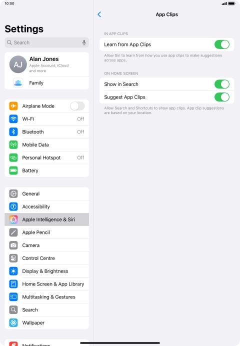 Press the indicators next to the required settings to turn them on or off.