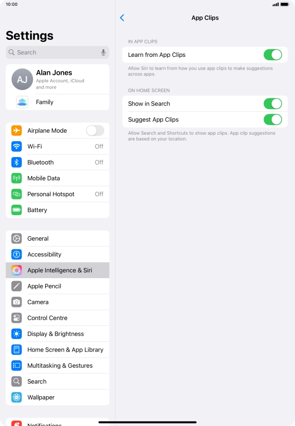 Press the indicators next to the required settings to turn them on or off.