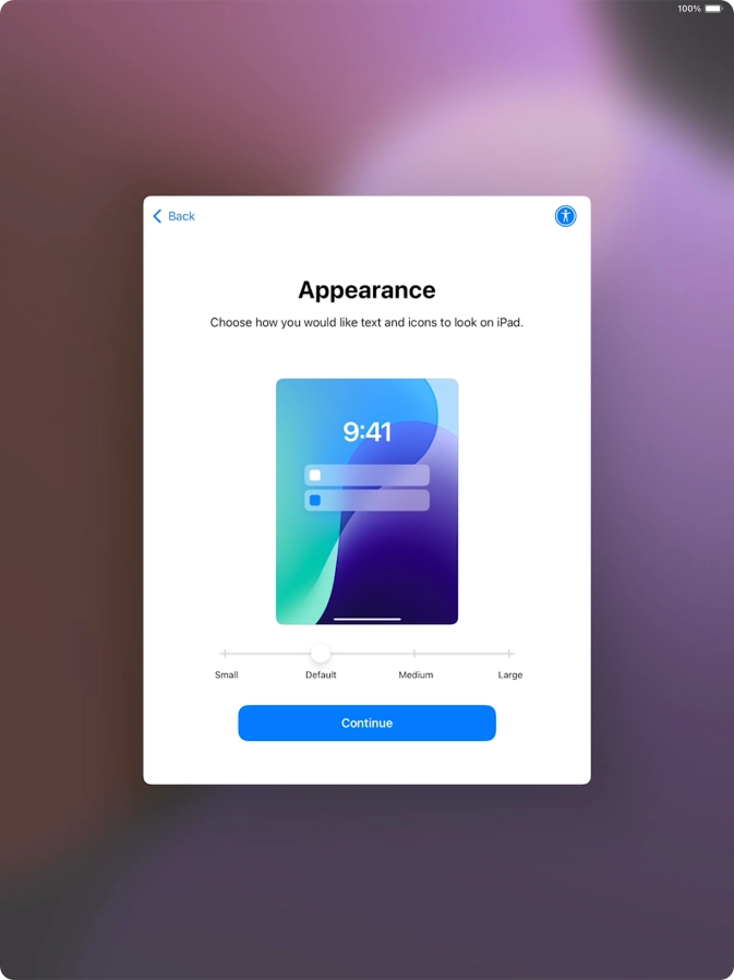 Select the required text and icon size on your tablet and press Continue.