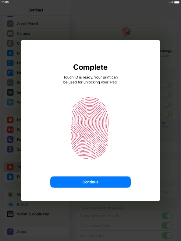 Press Continue. If you haven't previously selected a lock code, key in a code of your own choice twice.