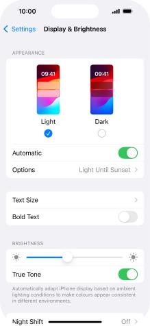 If you turn on the function, press Options and follow the instructions on the screen to select the required period of time for Dark Mode. If you turn on the function, press Options and follow the instructions on the screen to select the required period of time for Dark Mode.