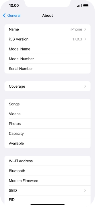 Your phone's software version is displayed next to iOS Version.