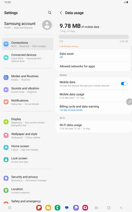 The total data usage is displayed. The total data usage is displayed.