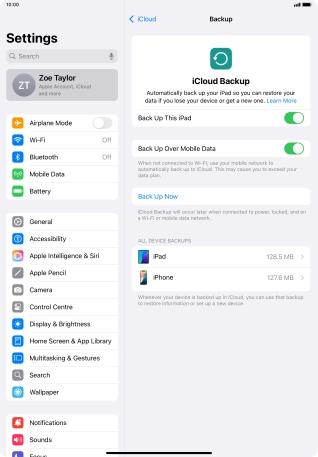 Press Back Up Now and wait while the tablet memory is backed up.