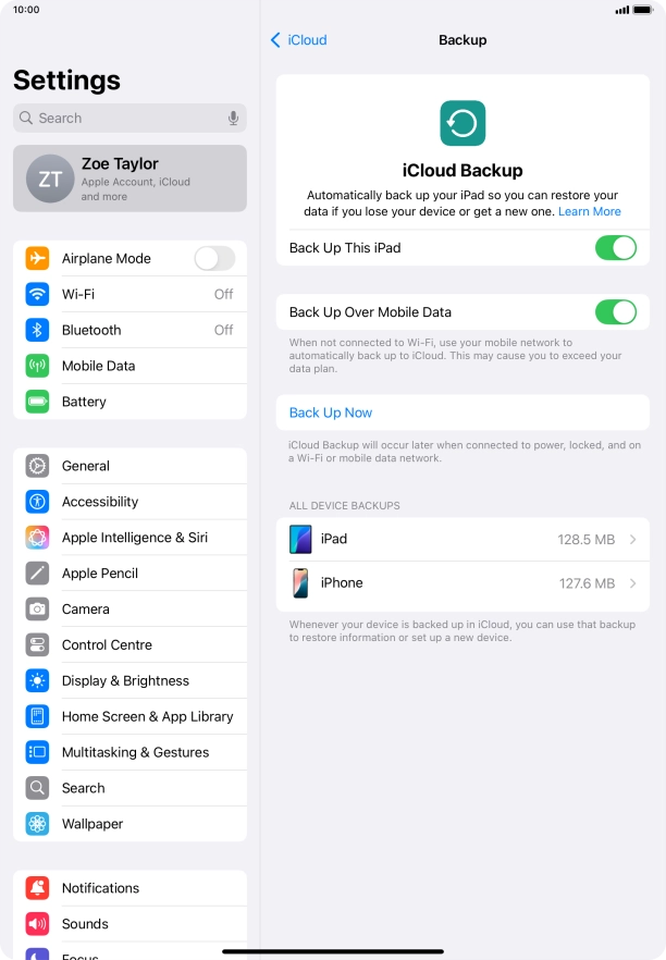 Press Back Up Now and wait while the tablet memory is backed up.