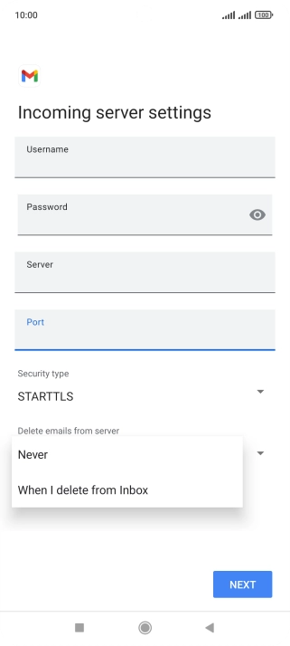 Press Never to keep email messages on the server when you delete them on your phone.