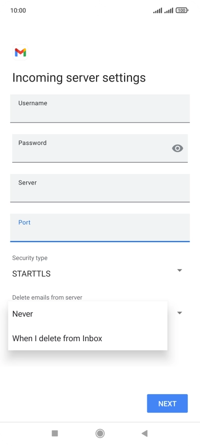 Press Never to keep email messages on the server when you delete them on your phone.