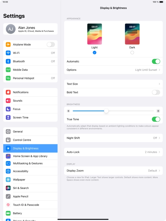 If you turn on the function, press Options and follow the instructions on the screen to select the required period of time for Dark Mode.