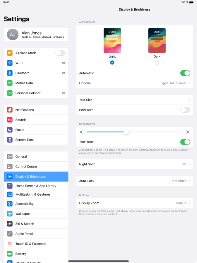 If you turn on the function, press Options and follow the instructions on the screen to select the required period of time for Dark Mode.