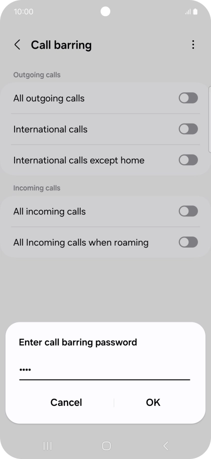 Key in your barring password and press OK. The default barring password is 1919.