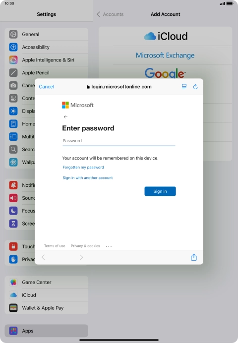 Press Password and key in the password for your email account.