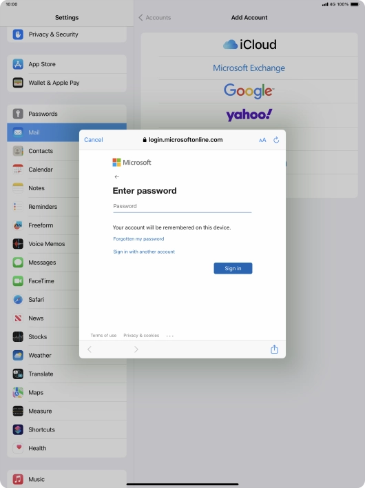 Press Password and key in the password for your email account.