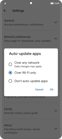 To turn on automatic update of apps using mobile network, press Over any network.