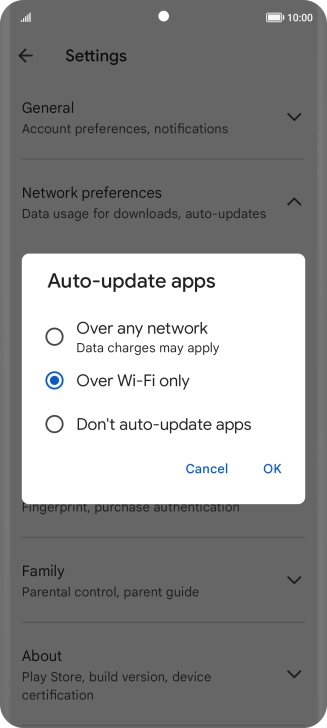 To turn on automatic update of apps using mobile network, press Over any network.