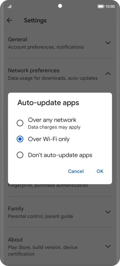 To turn on automatic update of apps using mobile network, press Over any network.