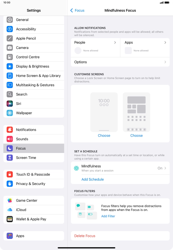 Press People and follow the instructions on the screen to select which contacts you would like to receive calls and notifications from when the selected focus mode is active.