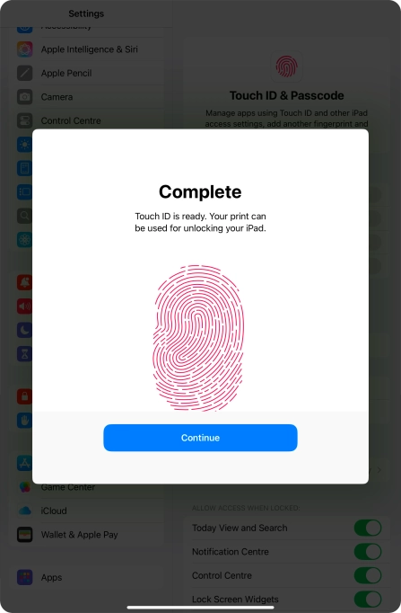 Press Continue. If you haven't previously selected a lock code, key in a code of your own choice twice.