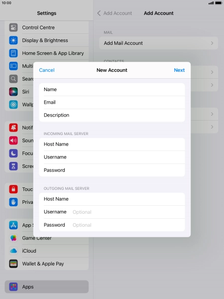 Press Username and key in the username for your email account.