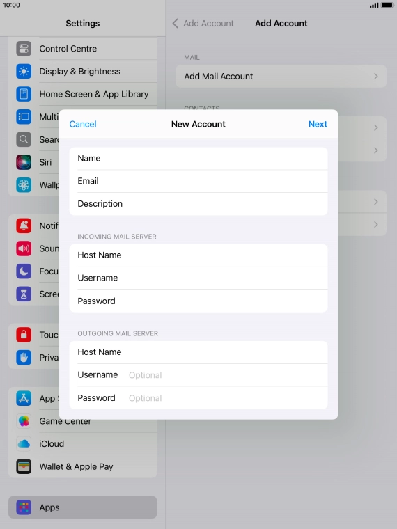 Press Username and key in the username for your email account.