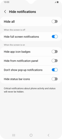 Press the indicators next to the required settings to turn display of the selected notification types on or off.