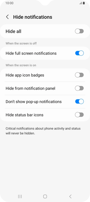 Press the indicators next to the required settings to turn display of the selected notification types on or off.