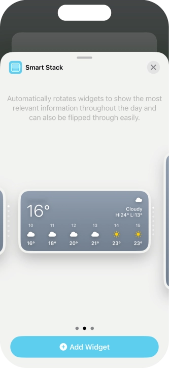 Slide your finger right or left on the screen to select the required widget size.