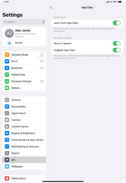 Press the indicators next to the required settings to turn them on or off.