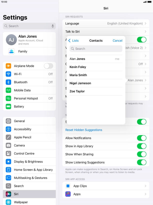Press the required contact.