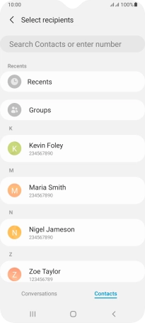 Press the search field and key in the first letters of the recipient's name.
