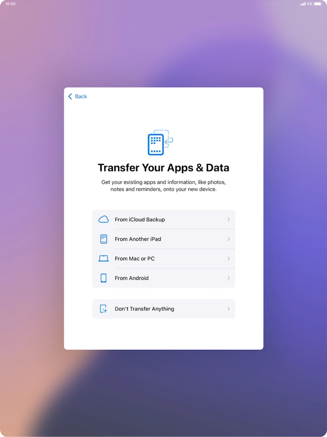 You can transfer the contents of an Android device to your tablet when it's activated for the first time and after a factory reset. When this screen is displayed, your tablet is ready to transfer content from an Android device.