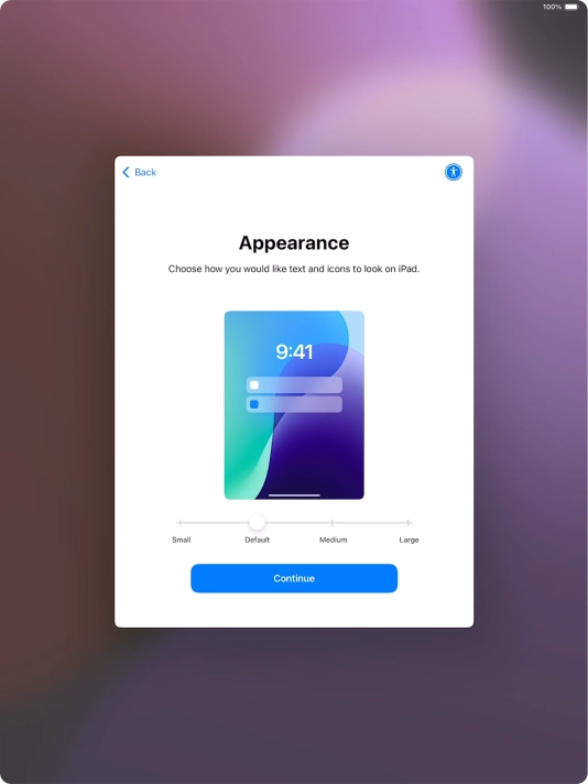 Select the required text and icon size on your tablet and press Continue.